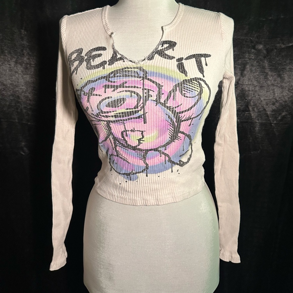 Y2K Graphic Bear Ribbed Long Sleeve | Distressed Neckline